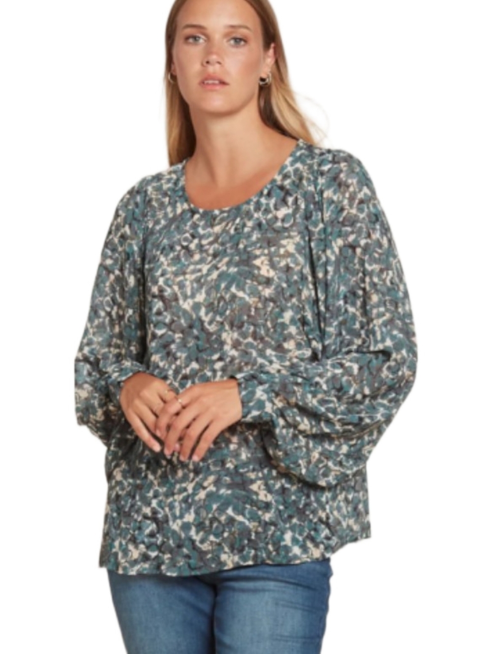 ZAC & RACHEL LIGHTWEIGHT SEMI SHEER LONG SLEEVE BLUE GREEN PRINT BLOUSE SIZE 1X
